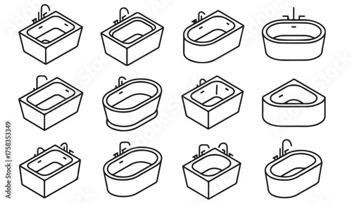 Linear vector collection of bathtubs and plumbing fixtures in minimalist style for architecture and bathroom projects