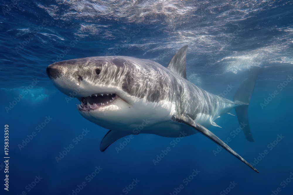 Naklejka premium Powerful Great White Shark with Extended Jaws and Teeth