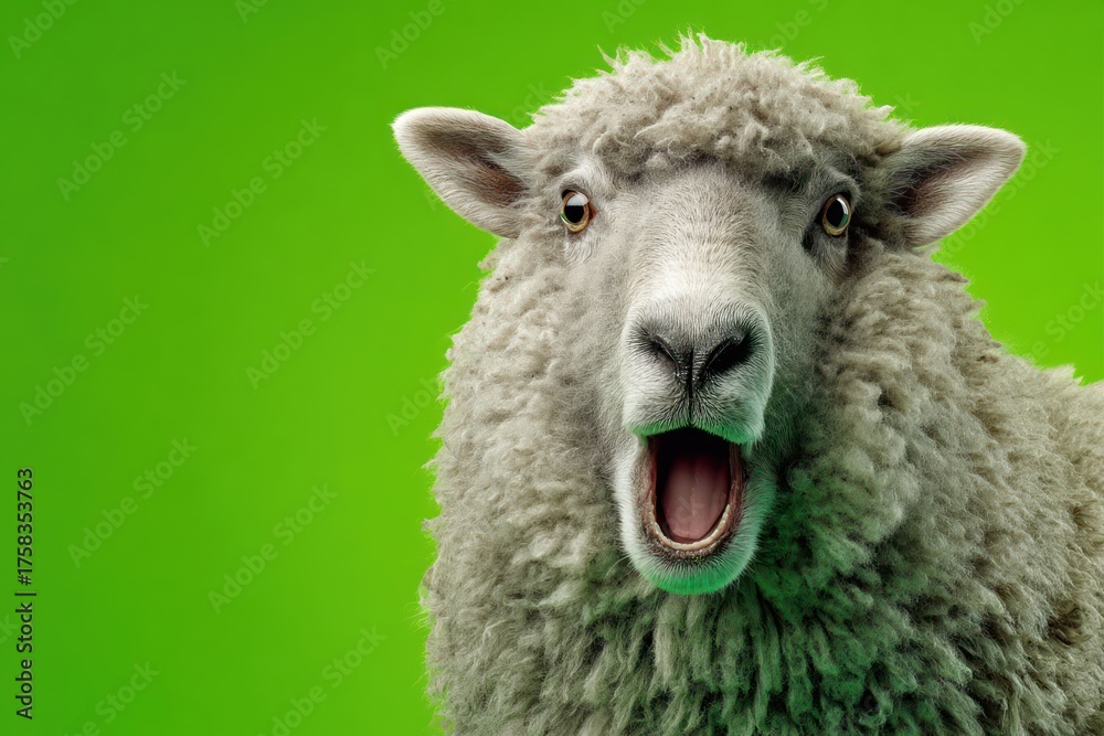Obraz premium Silly Talking Sheep with Open Mouth on Green Background