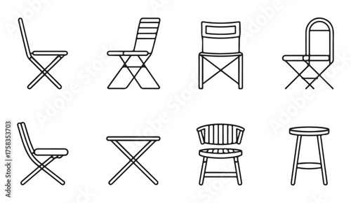 Set of linear chair and table icons for home decor, cafe design, and furniture illustration in clean black outline style