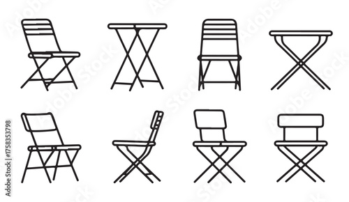 Minimalist furniture icon collection featuring outline chairs and tables for interior, home, and cafe design illustrations