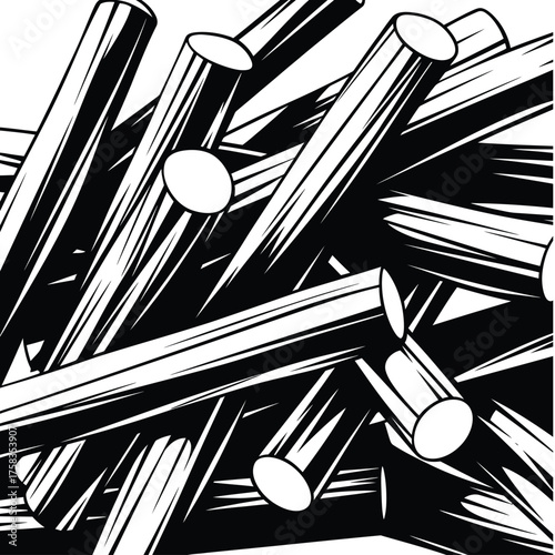 A monochrome illustration of several cylindrical objects scattered in a chaotic manner silhouette