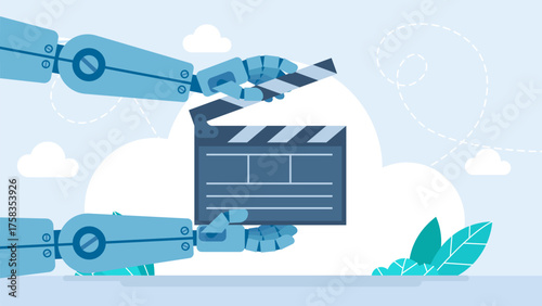 Robot hands holding black clapper board. AI video creation concept. A robot working on video editing clapperboard. Represents modern technology's influence on creative media. Vector illustration
