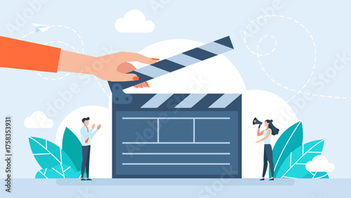 Hands holding black clapper board on white background. Clapperboard girl fires take for movie camera. Video recording, film or series production. Director on set, woman assistant. Vector illustration