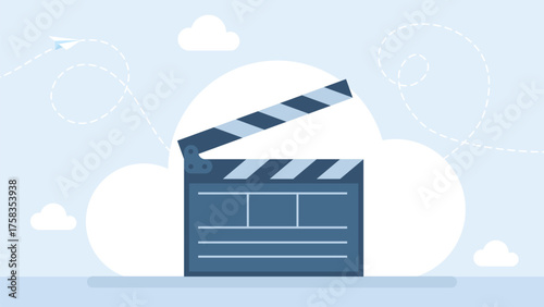 Open clapperboard on white background. Filmmaker's clapboard. Hollywood Film clapperboard. Movie clapboard shape. Camera and action. Cinema or television program production object. Vector illustration