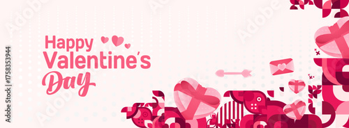 Valentine's day banner with cheerful ornaments. Floating hearts, love messages, gift boxes, cupid's arrows and romantic decorations for seasonal shopping, valentine's day sales, discount promotions
