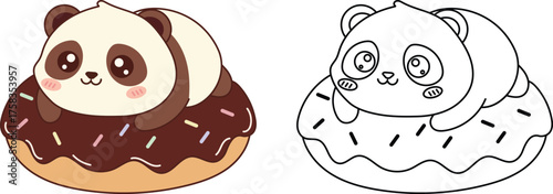 Cute cartoon panda donut illustration and coloring page for kids
