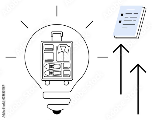 Packed suitcase inside glowing light bulb and checklist with upward arrows. Ideal for travel, packing tips, organization, planning, innovation, productivity, creativity. Simple flat metaphor