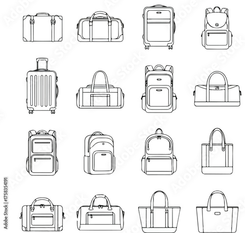 travel bag line art, backpack line art, suitcase line art, carry-on bag line art, duffel bag line art, travel tote line art, wheeled bag line art, cabin bag line art, hiking bag line art, weekend bag 
