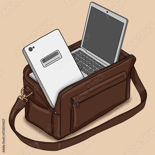 Laptop and Smartphone Inside a Brown Leather Messenger Bag Illustration
