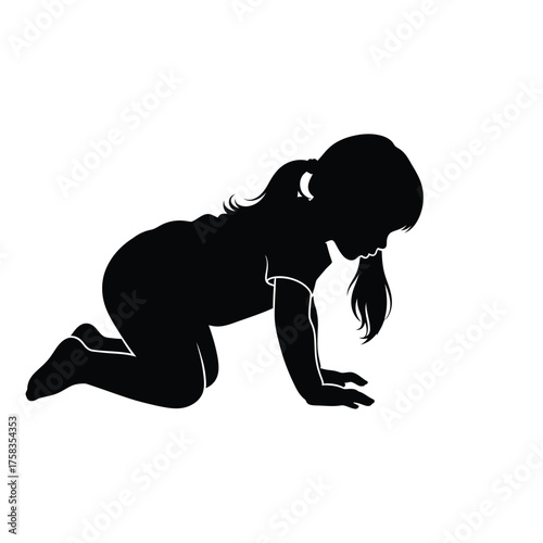 A silhouette of a young girl with a ponytail crawling on her hands and knees on a white background
