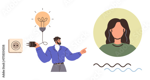 Man holding power plug towards light bulb, symbolizing creativity and inspiration, alongside minimal female portrait and wave motif. Ideal for innovation, connection, teamwork, problem-solving