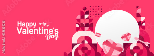 Valentine's day banner with cheerful ornaments. Floating hearts, love messages, gift boxes, cupid's arrows and romantic decorations for seasonal shopping, valentine's day sales, discount promotions