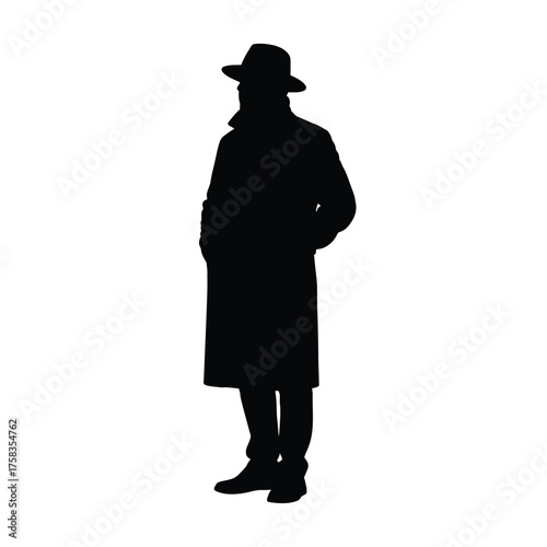 Silhouette of a man wearing a hat and a long coat standing against a white background alone