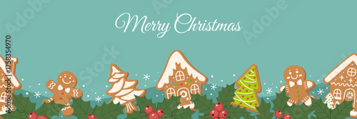 Christmas seamless border with gingerbread cookies, houses, men, Christmas tree, candy canes and holly leaves and berries on teal background. Cozy festive design for winter decor and packaging.