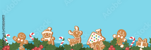 Seamless Christmas border with gingerbread cookies, men, houses, deer, holly and candy canes on light blue background. Cute Christmas pattern for wrapping paper, cards and winter festive projects.
