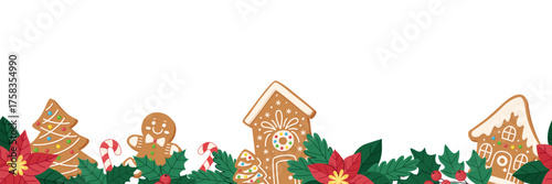 Christmas seamless border with gingerbread cookies, holly, poinsettia and candy canes on white background. Decorative festive border for cards, wrapping paper and New Year designs.