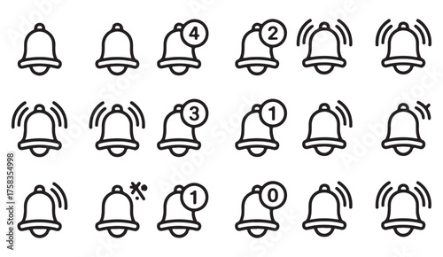 Set of linear notification bell icons in outline style for modern UI, web, and digital application interfaces