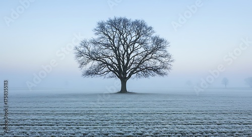 Bare tree silhouette against foggy horizon in winter landscape
