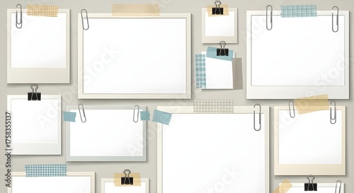 Blank paper sheets pinned to a wall with clips and tape