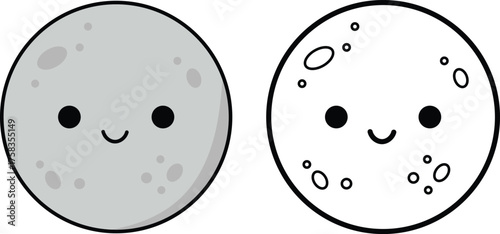 Cute kawaii style moon characters with happy faces and craters