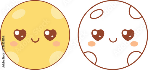 Cute kawaii planet illustration with color and outline versions