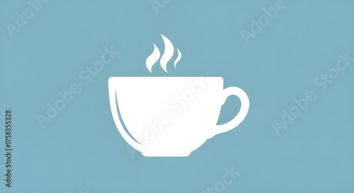 Simple white coffee cup with steam on blue textured background