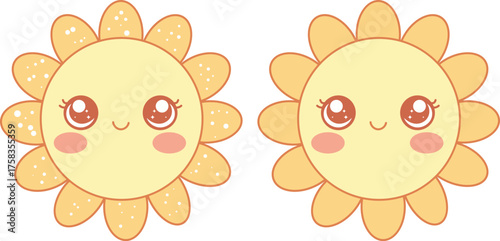 Two cute kawaii style sun characters with blush cheeks and big eyes