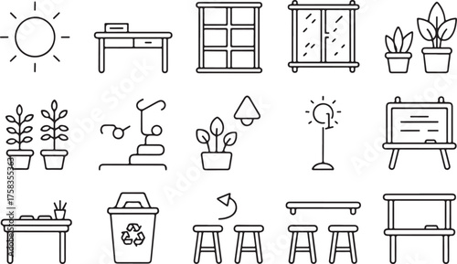 Black line illustration of home and office furniture with decorative plants and eco recycling elements