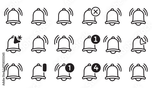 Outline notification bell icon set showing alerts, badges, and reminders for app and user interface design concepts