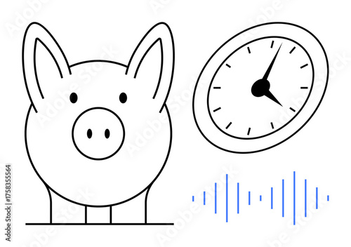 Piggy bank, clock, and sound wave highlight time management, savings, monetary growth, and digital interaction. Ideal for finance, budgeting, technology economy concepts analytics time management