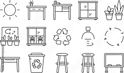 Linear home and furniture vector icons collection featuring tables, lighting, recycling bins, and plants