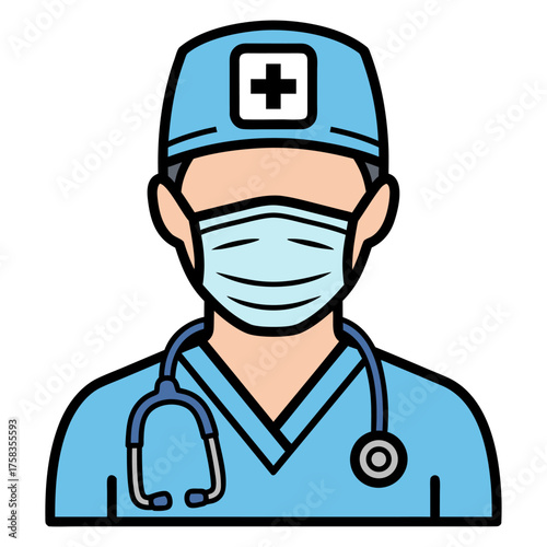 Illustration of a medical professional wearing a surgical cap and mask, with a stethoscope around their neck