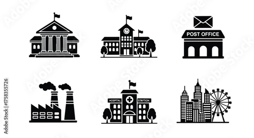 Set of diverse government and public building icons for web and design projects -  Glyph solid icon - Editable modern style icon.