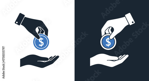 Money icon hand giving coin to open palm digital asset concept finance transaction -  Glyph solid icon - Editable modern style icon.