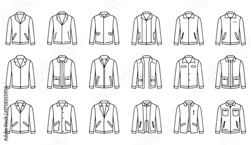 Collection of clothing outline icons depicting casual and formal jackets and shirts in black line vector style