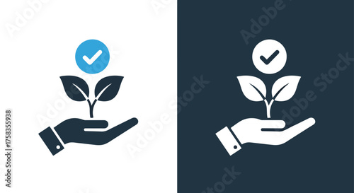 Eco growth icon hand holding seedling with checkmark for sustainable business and development -  Glyph solid icon - Editable modern style icon.