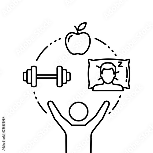 Conceptual illustration of a healthy lifestyle, encompassing physical fitness, nutritious eating, and restorative sleep