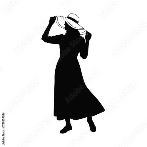 Silhouette of a woman in a long dress holding a large hat with a brim on a white background