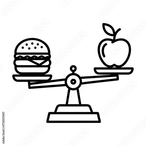 Balanced Diet Concept Weighing a Hamburger Against an Apple on a Scale Illustrating Healthy Eating Choices and Nutrition