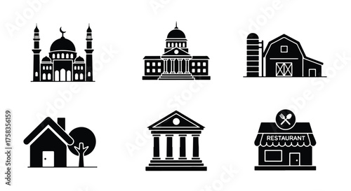 Diverse building icons set including mosque government house barn bank and store -  Glyph solid icon - Editable modern style icon.
