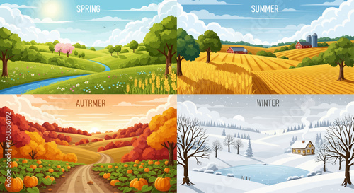 Four Seasons Landscape Spring, Summer, Autumn, and Winter Scenery