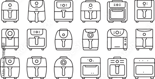 Linear black vector illustrations of air fryer and kitchen appliance designs for culinary, household, and food themes