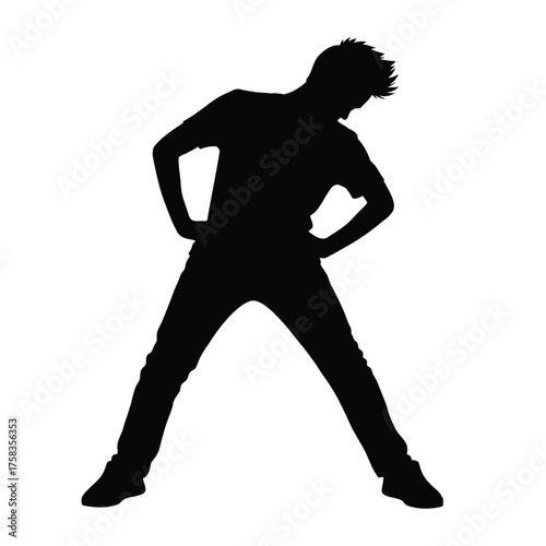 Silhouette of a person in a t shirt and jeans with hands on hips bending forward slightly