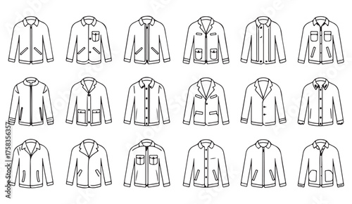 Outline jacket and shirt icon set featuring various fashion styles in minimalist line design for apparel and textile concepts