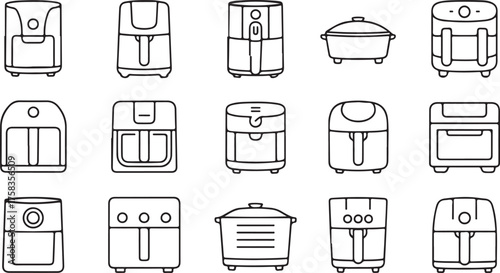 Outline icon collection of air fryer and oven appliances representing modern cooking technology and home devices