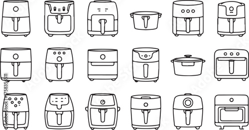 Set of modern kitchen equipment icons in line style showing air fryers, stoves, and compact ovens for home design