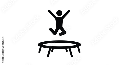 Black and white vector graphic of a person jumping on a trampoline