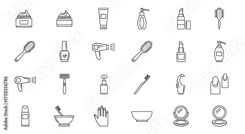 Black and white line art of various cosmetic and personal care products