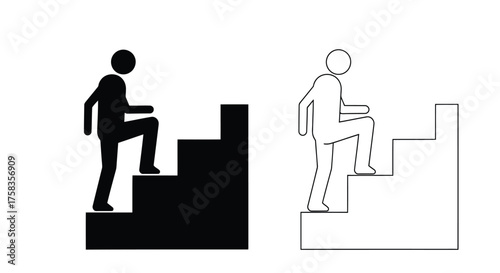 Black and white illustration of a person climbing stairs, success concept